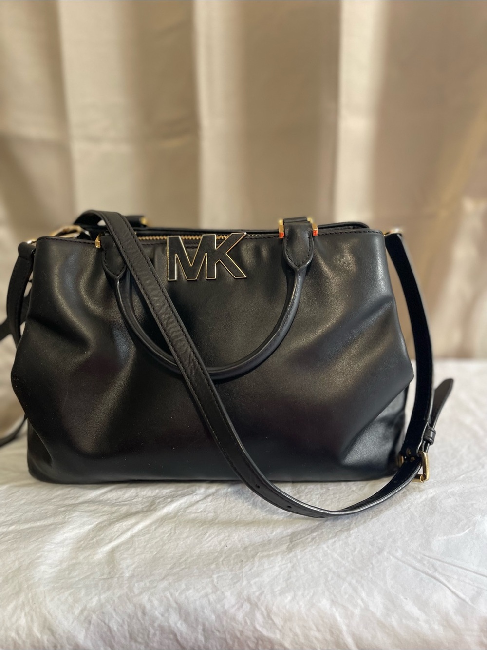Michael Kors RARE Florence Black Leather MK Satchel with Gold Hardware  EUC $89